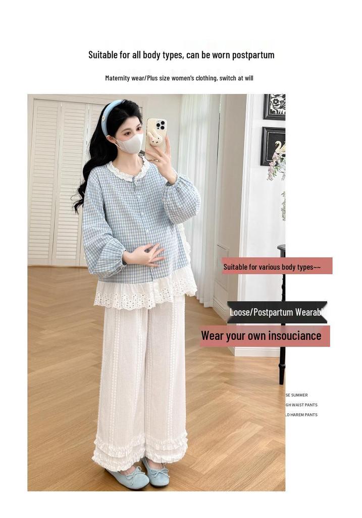 Mori Style Maternity Plaid Lace Top & Wide-Leg Pants Set (Two-Piece)