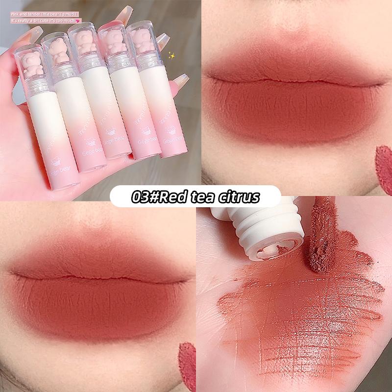 GEGE BEAR Matowa szminka, błyszczyk do ust, matowa aksamitna konsystencja, nawilżający błyszczyk wodoodporny Pink Bear Lip Clay