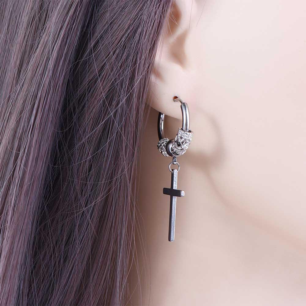 Round Stainless Steel Cross Ear Jewelry Men Hoop Earrings Korean Dangle Earrings Stud Earrings