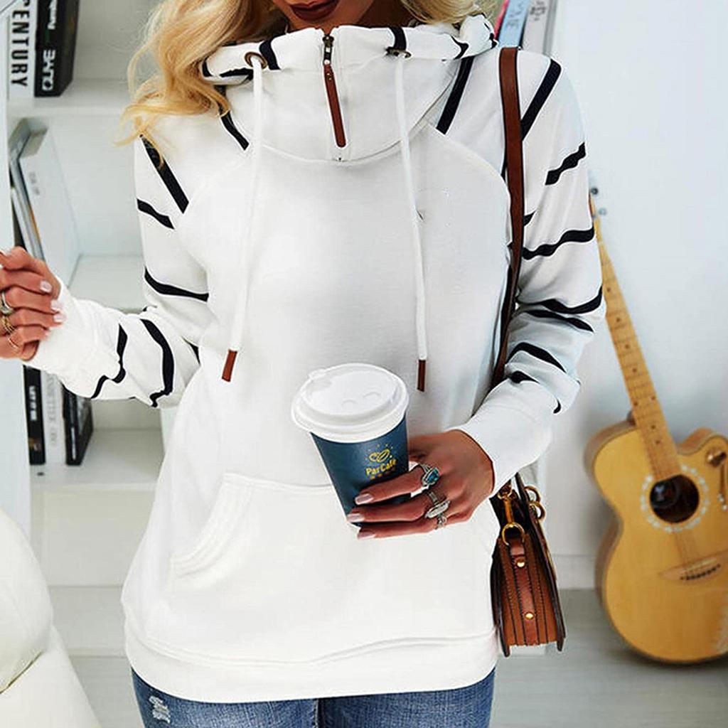 Fashion Women's Pocket Stripe Printed Swap Long Sleeve Hooded Sweatshirt Top