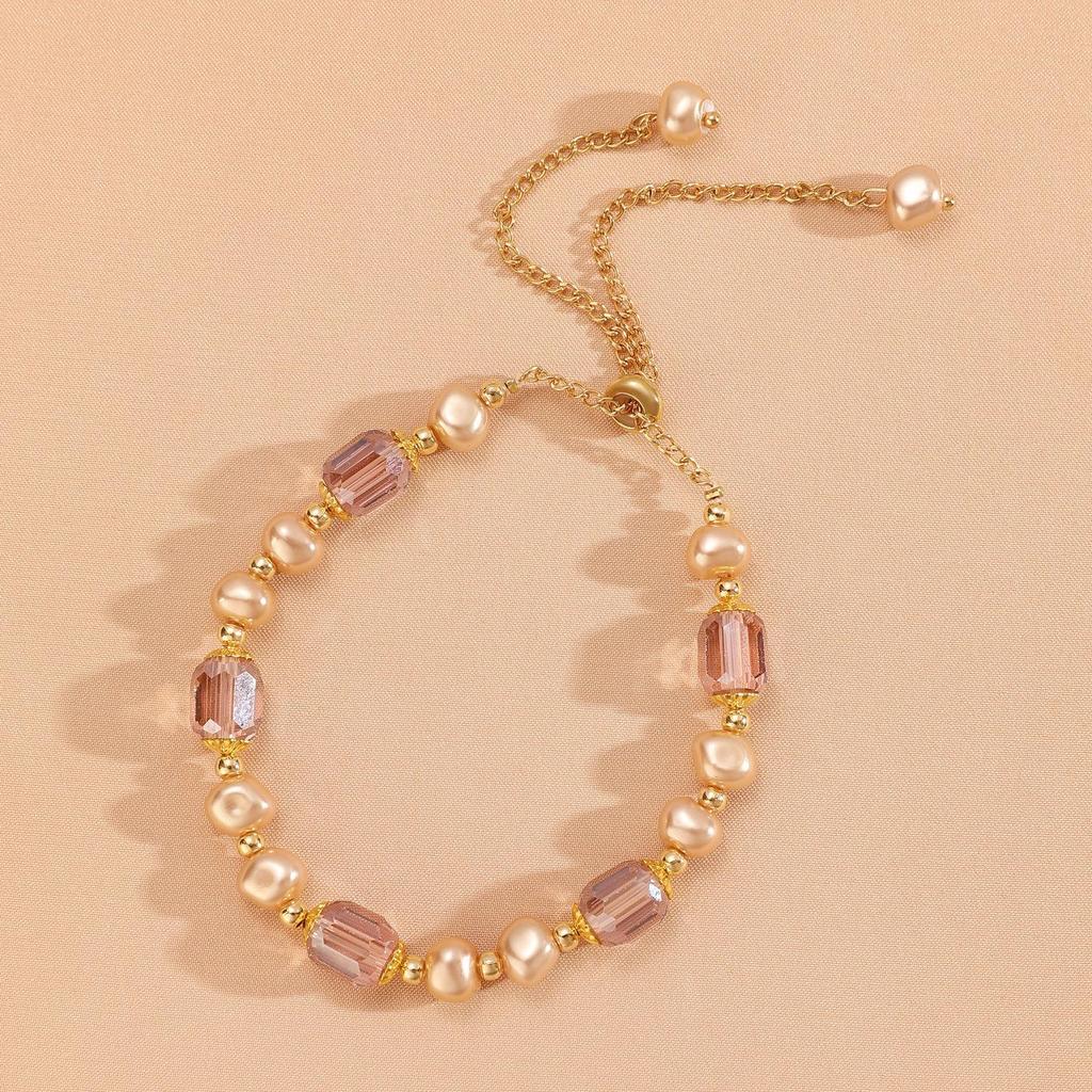 French Retro Crystal Beaded Pearl Bracelet for Women - Purple, Niche Design
