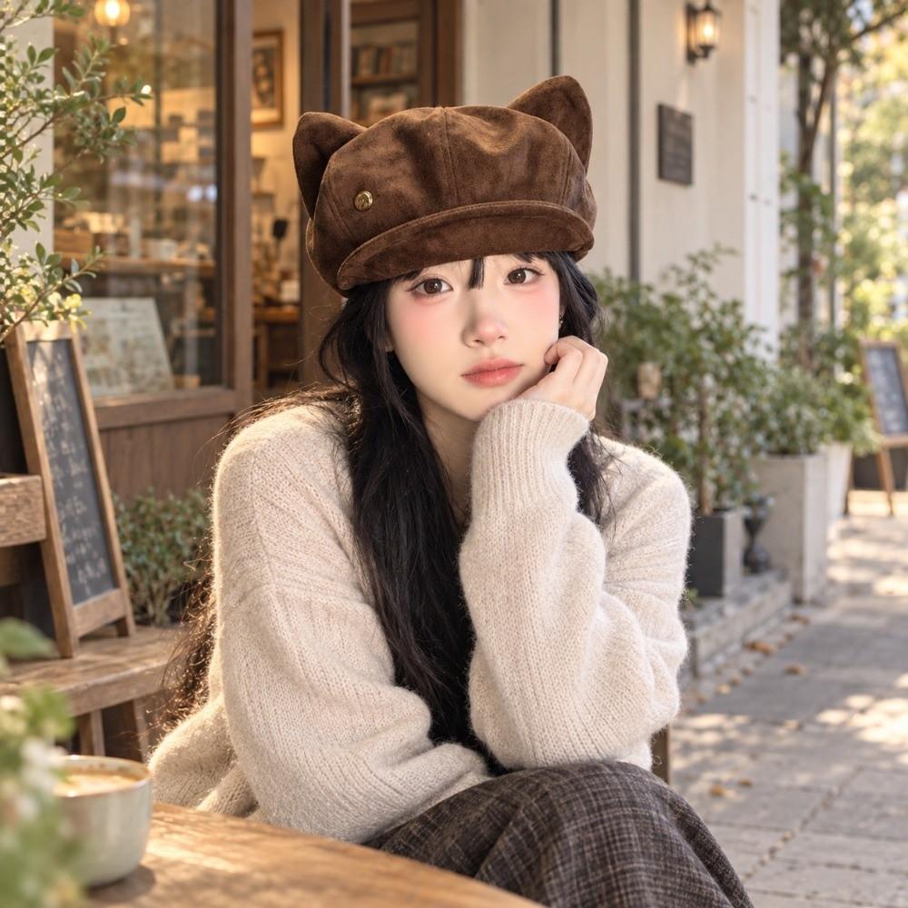 Soft Fabric Cat Ears Hat Solid Color Octagonal Hat Vintage Newsboy Cap Autumn Winter