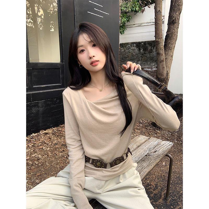 Spring and Autumn Gentle Style Slim Long Sleeve T-Shirt Women's Irregular Twist Slim Top