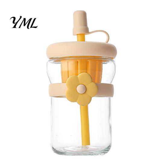Glass Water Bottle for Scented Tea Straw Cup, with Detachable Filter, Macaron Color Flower Infuser Green Lovers Decor, Portable Heat Resistant Travel
