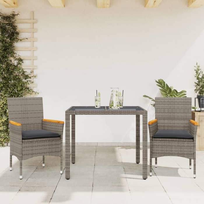 VidaXL Ensemble à manger de jardin et coussins 3 pcs gris rotin verre, ensemble de salle à manger d'extérieur, meuble de 3278651