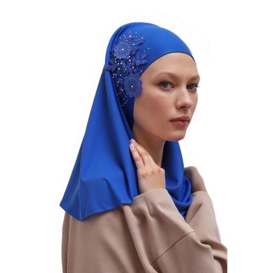 Women Solid Color Lace Rhinestone Muslim Hijab Wrap Islamic Scarf Cap Head Cover