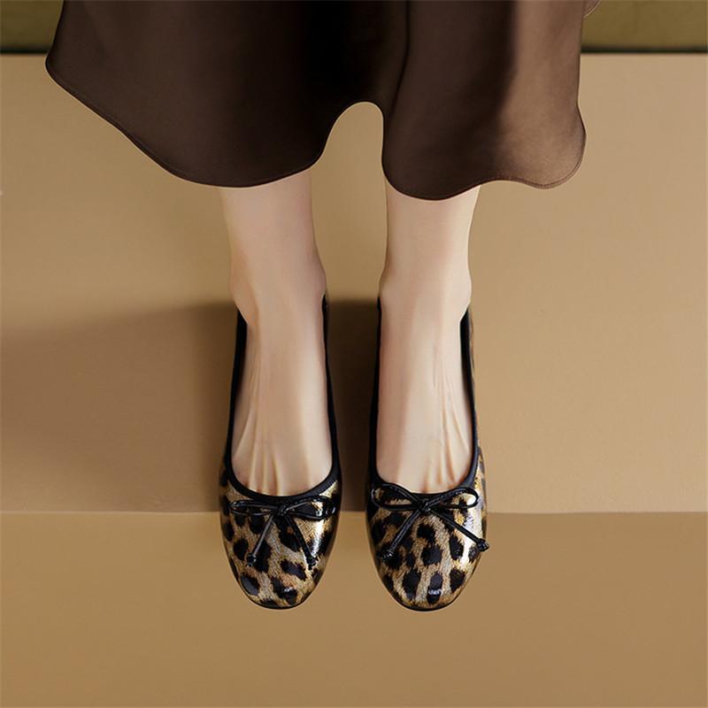 Fashion 2025 Spring/summer Shallow Mouth Flat Bottom Bow Round Toe Comfortable Loafers Cow Leather Leopard Print Woman Shoes Women Pumps