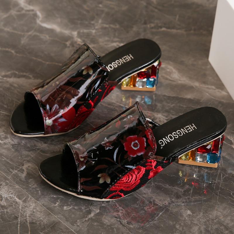 Women’s Crystal One-Strap Peep-Toe Sandals, Mid-Heel Plus Size Dress Slides