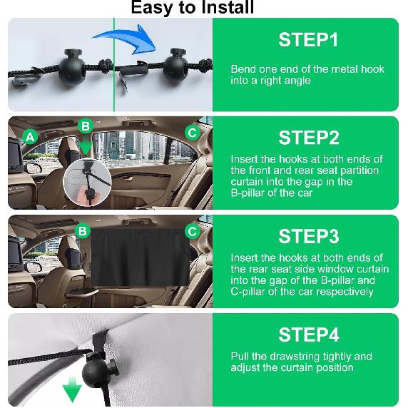 Set Of 3 Car Window Shades, 1 Rear Seat Divider Curtain & 2 Rear Side Window Sun Shades, 95% Light Blocking Car Window Covers Privacy Protection