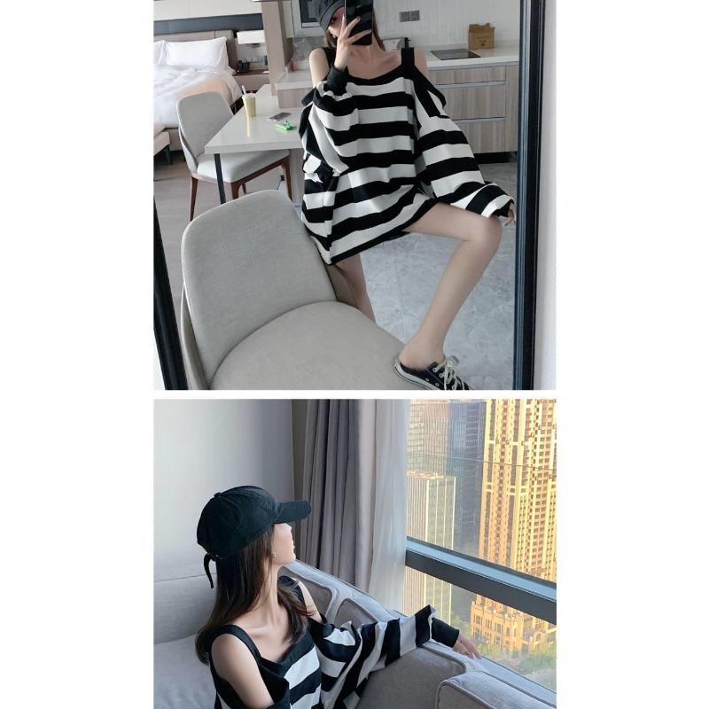 Women Plus Size Loose Striped Off Shoulder Hoodie Early Autumn Casual Ins Style