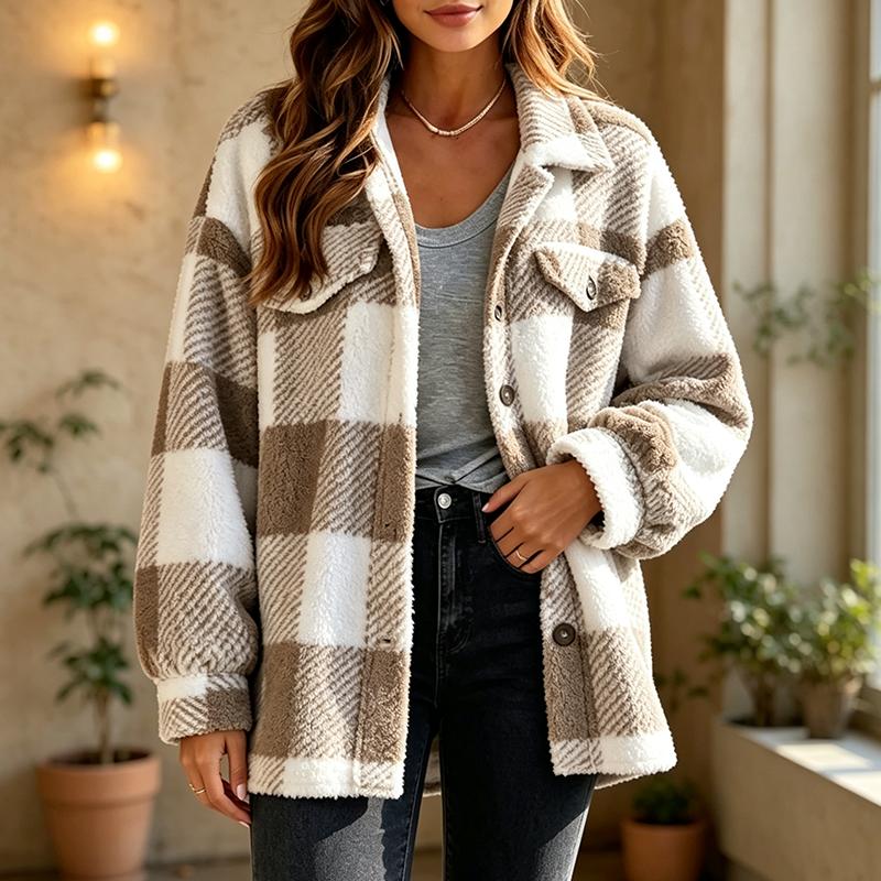 Women Autumn Winter Long Sleeve Plus Size Plaid Fleece Shacket Faux Pocket Coat