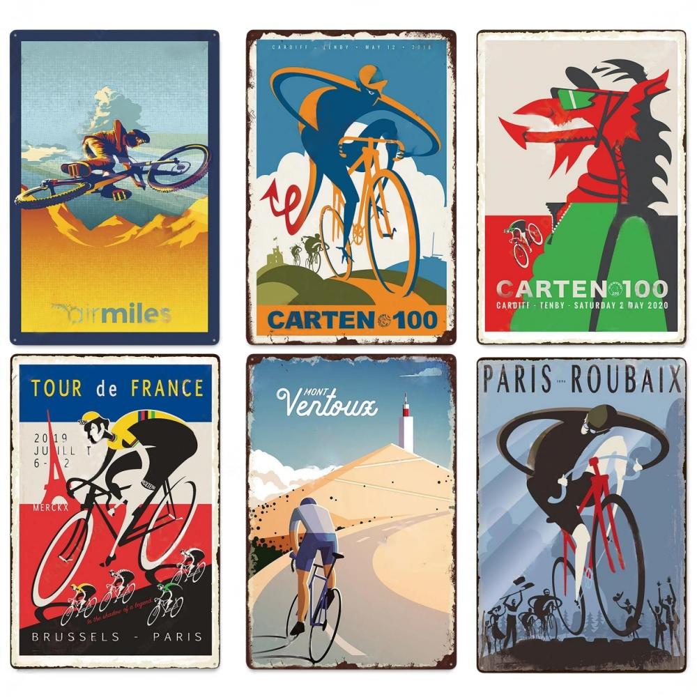 D Flat Metal Sign Vintage Cycling Sports Tin Sign Set Retro Bicycle Tour de France Racing Road Bike Wall Art Decor