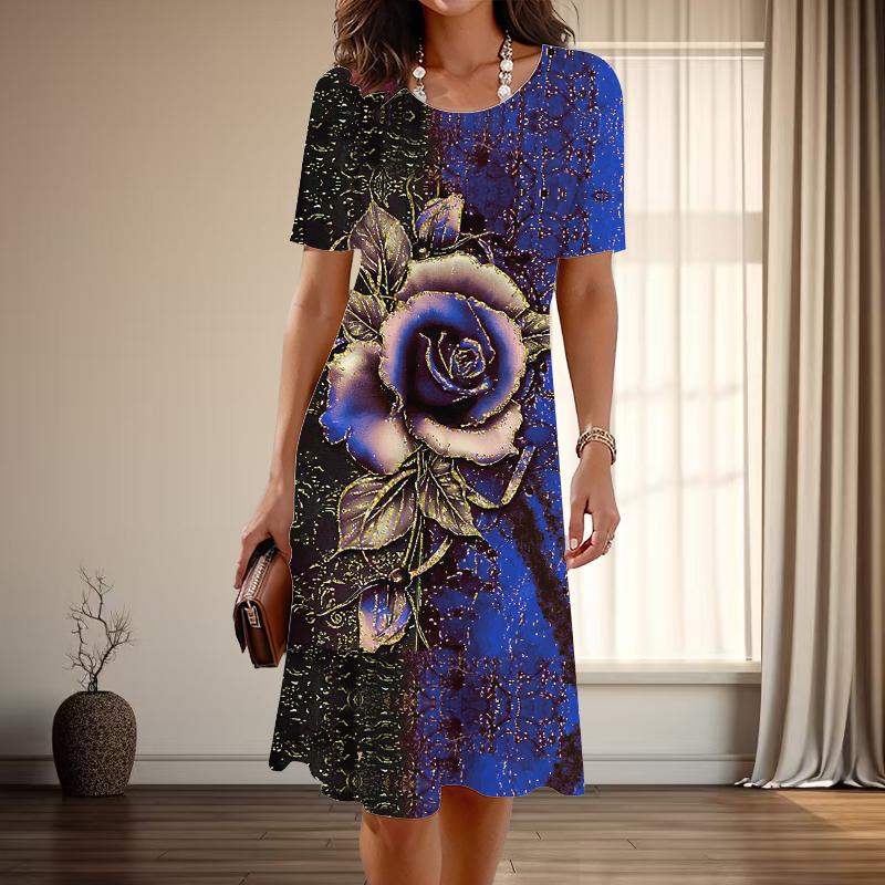 

Женская мода изящный цветочный принт лето весна короткий рукав О-образный вырез повседневные платья 7XL синий