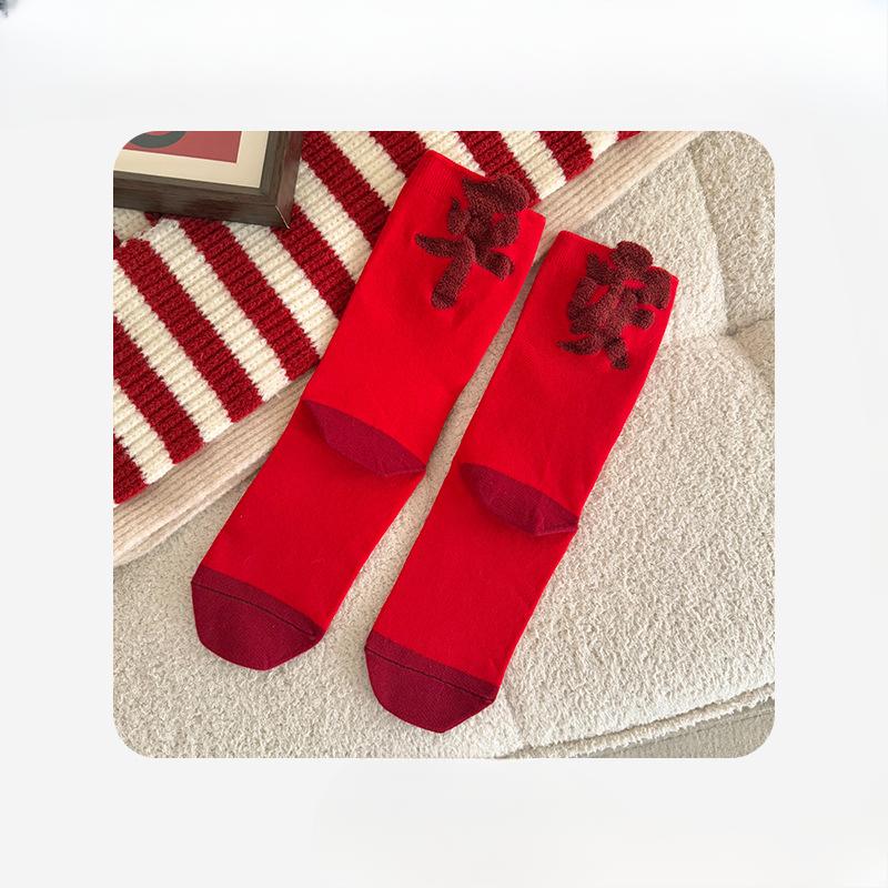 Big Red Socks for Women, Festive Red Mid-calf Socks for Ladies, Comfortable Cultural and Creative Three-dimensional Cotton Socks, New Year Socks