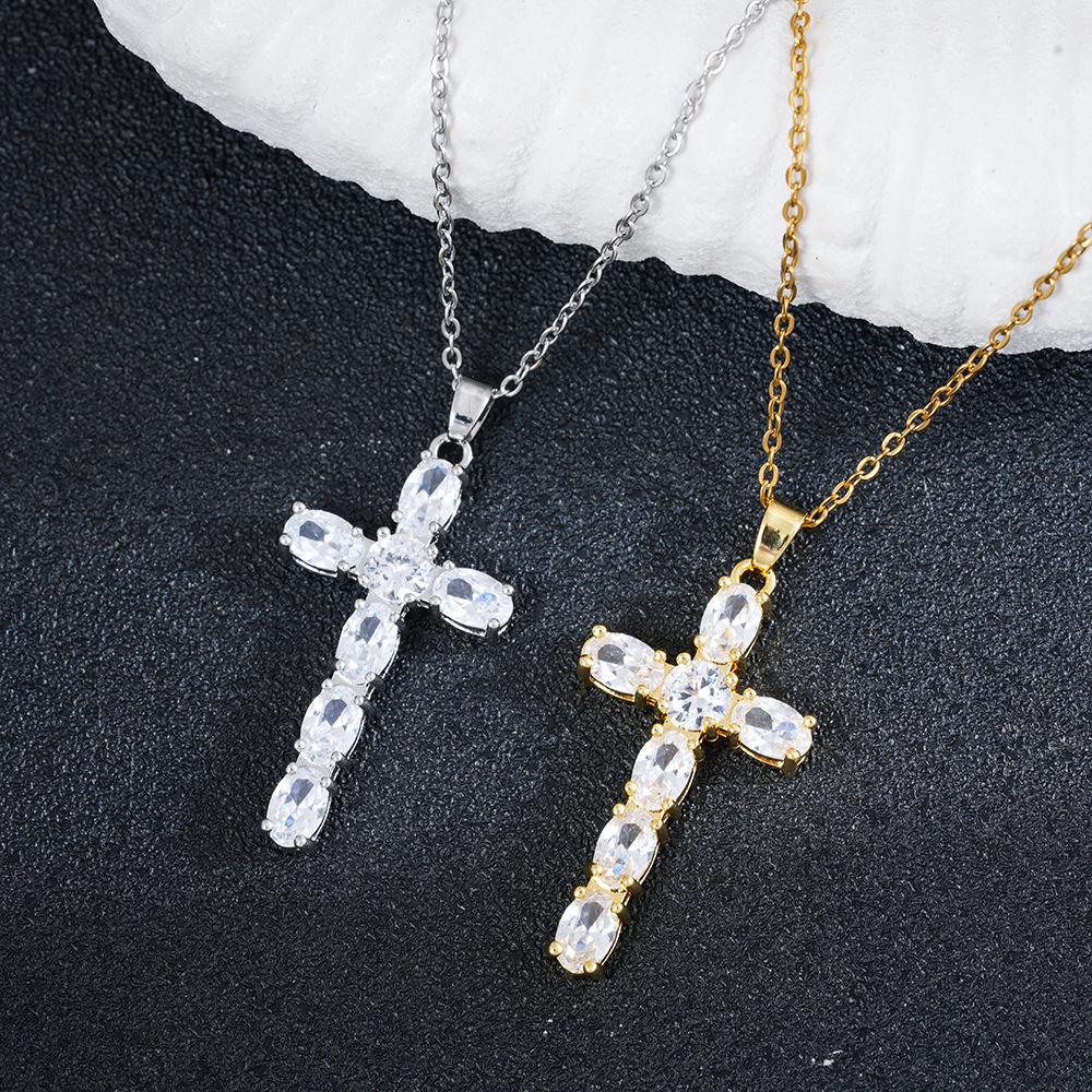 Gold-Plated Zircon Cross Pendant Titanium Steel Necklace for Women - European & American Luxury Style