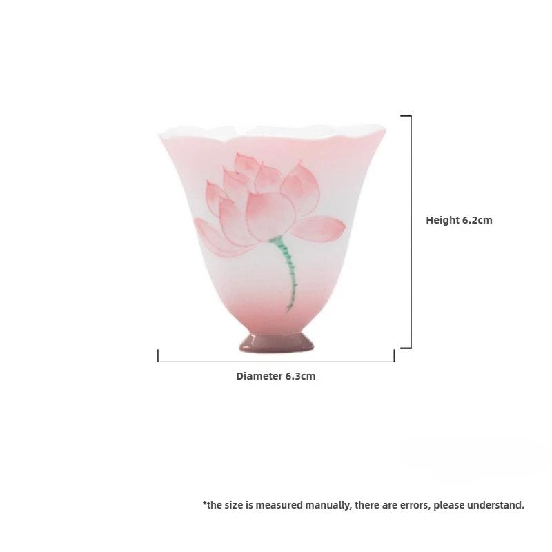 Pink Hand-Painted Lotus Ceramic Tea Cup - Flared Rim Zen Tea Bowl for Kung Fu Ceremony, Floral Design High-Stem Sipping Cup