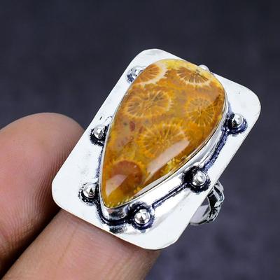 Natürlicher fossiler Korallenedelstein 925 Sterling Silber Schmuck Ring Größe 8 v0K23