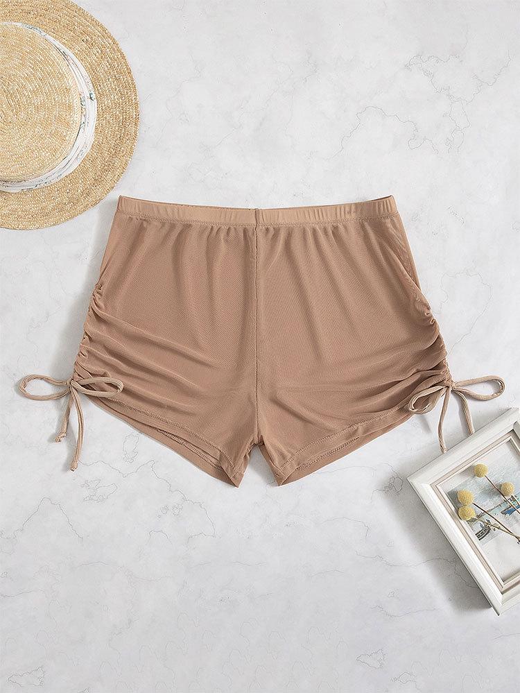 Costum de baie sexy de culoare uni 2025: Pantaloni scurți bikini de plajă cu plasă transparentă și șnur pentru femei