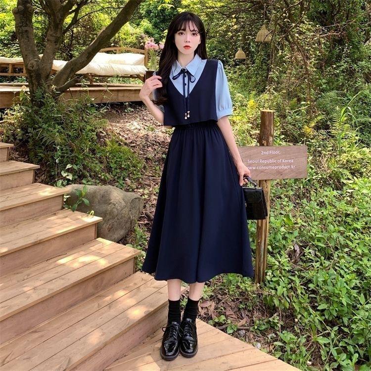 New academic style splicing fake two-piece short-sleeved dress for female students Korean version waist versatile over knee a-word skirt