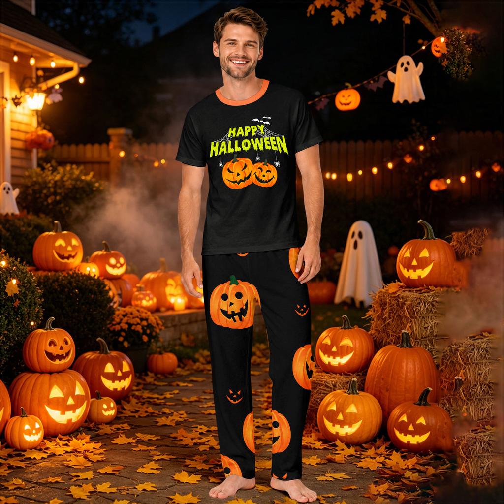 Family Matching Halloween Print Casual Set with Short Sleeve Top and Pants for Mom and Kids