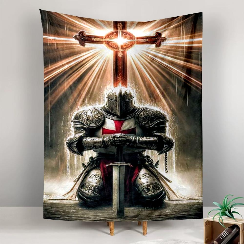 Templar Knight Kneeling Cross Sword Light Medieval Decorative Wall Tapestry for Bohemian Home Wall