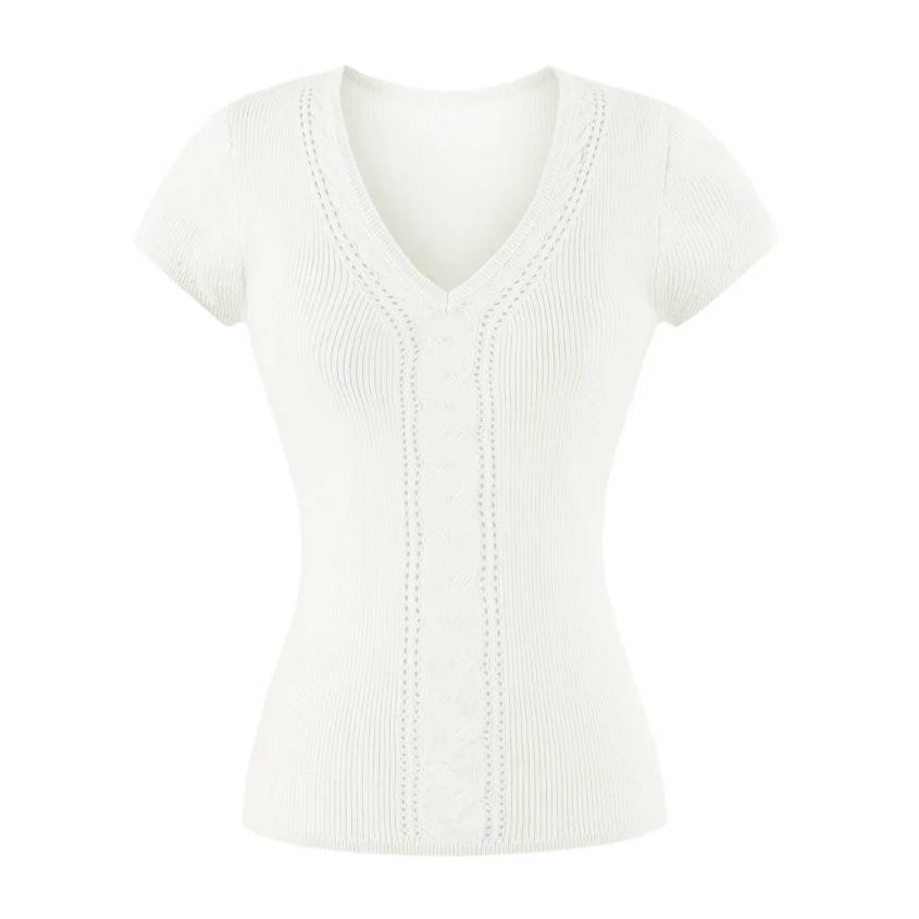 Twisted hollow short-sleeved T-shirt women's summer new American Spice Girl solid color V-neck slim-fitting knitted bottoming top