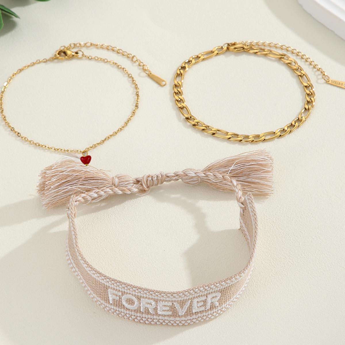 

18K Gold Plated Stainless Steel Heart & Fabric Letter Embroidery Adjustable Bracelet Set for Women