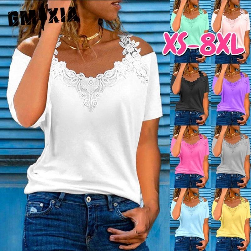GMXIA Damenmode, lässig, einfarbig, kurzärmelig, V-Ausschnitt, Blusen und Hemden