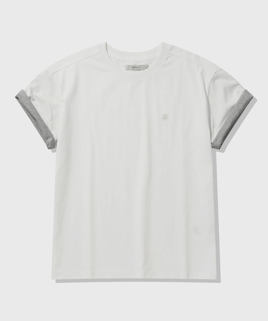 KIIMUIR [Crop] Contrast Roll-Up Crop Short Sleeve T-Shirt_White