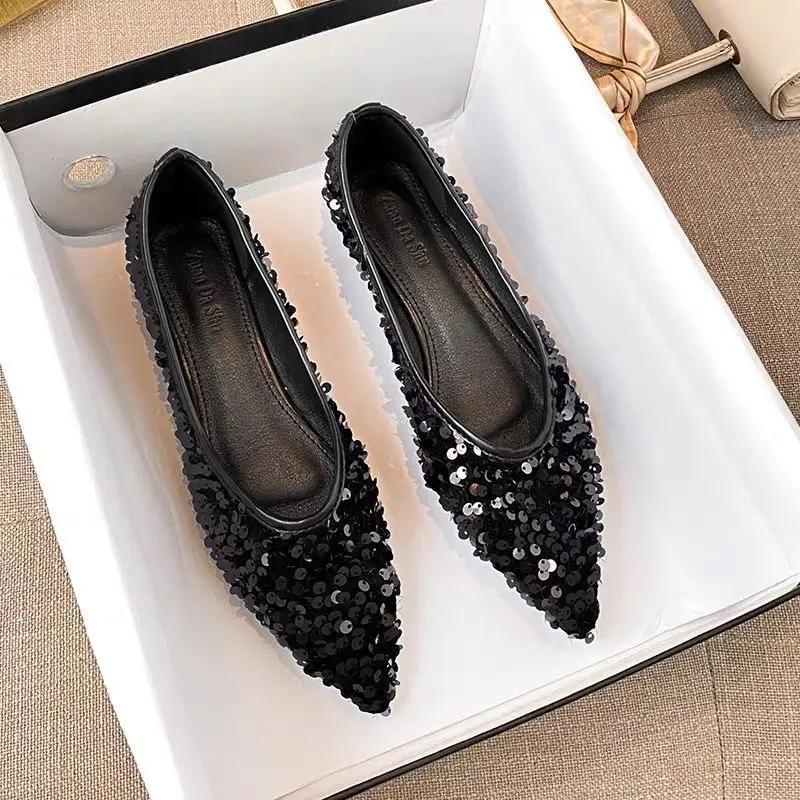 Fashion Women's Flat Shoes Pointed Toe Silver Elegant Party Black Ladies Footwear Low Heel Luxury Brand Fashionable Slip On Promotion 39