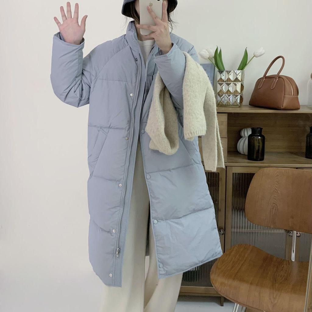 Women's Korean Style Mid-Length Down Jacket - Solid Color, Stand-Up Collar, Loose Fit, Warm Winter Coat.