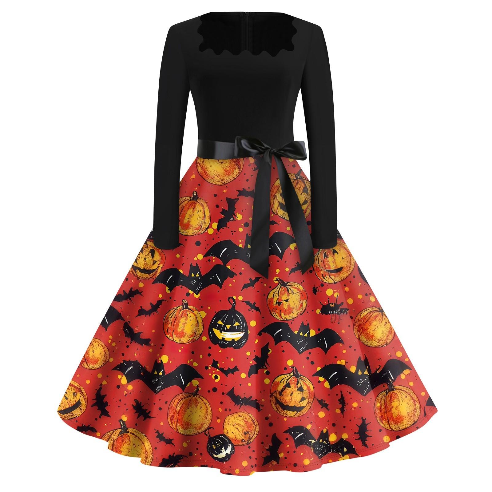 

Halloween Print Flare Dress For Women Long Sleeve Dress Hollow Party Casual Dresses XXL червоний