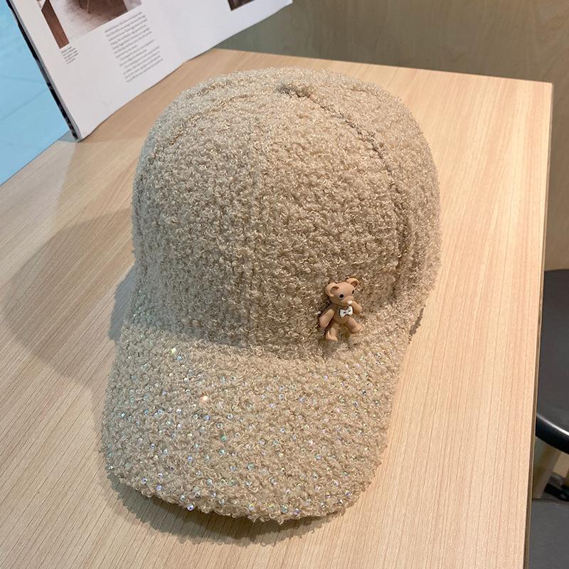Korean Autumn and Winter Fashion Diamond Brim Plush Baseball Hat Korean Style Cute Little Bear Warm Baseball Cap Trendy
