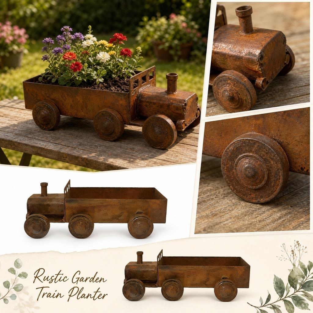 Rustikaler Dampflokomotivförmiger Metall-Pflanztopf Outdoor-Garten Dekorative Eisenkunst-Skulptur Blumentopf-Behälter für Hof Terrasse