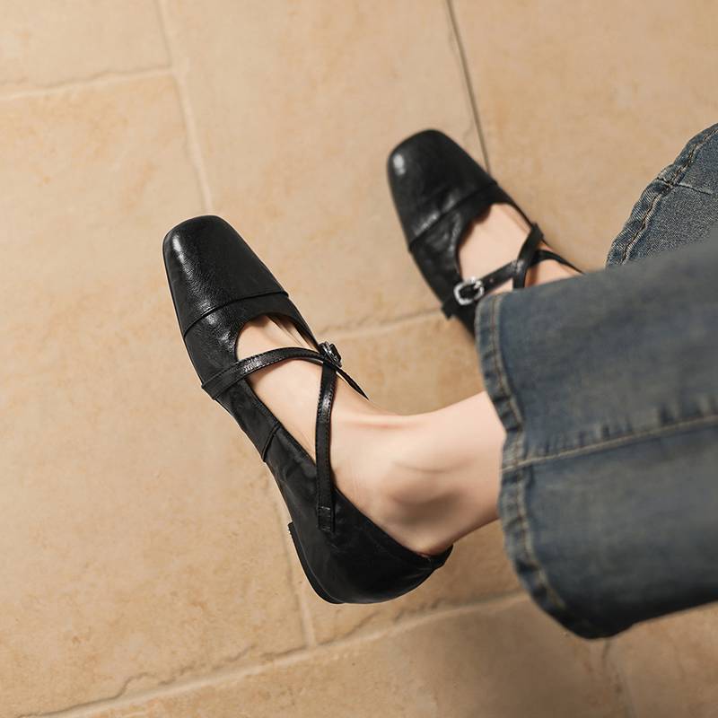 Krazing Pot Sheepskin Round Toe Thick Low Heels Spring Shoes Buckle Big Size 42 Women Mary Janes Pumps