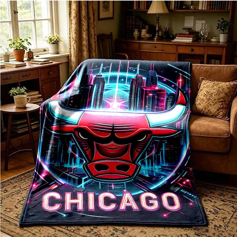 Chicago Neon Cityscape Throws Blanket Flannel Blankets Plush for Couch Bed Gifts for Men Women Travel picnic blanket Christmas fan gifts