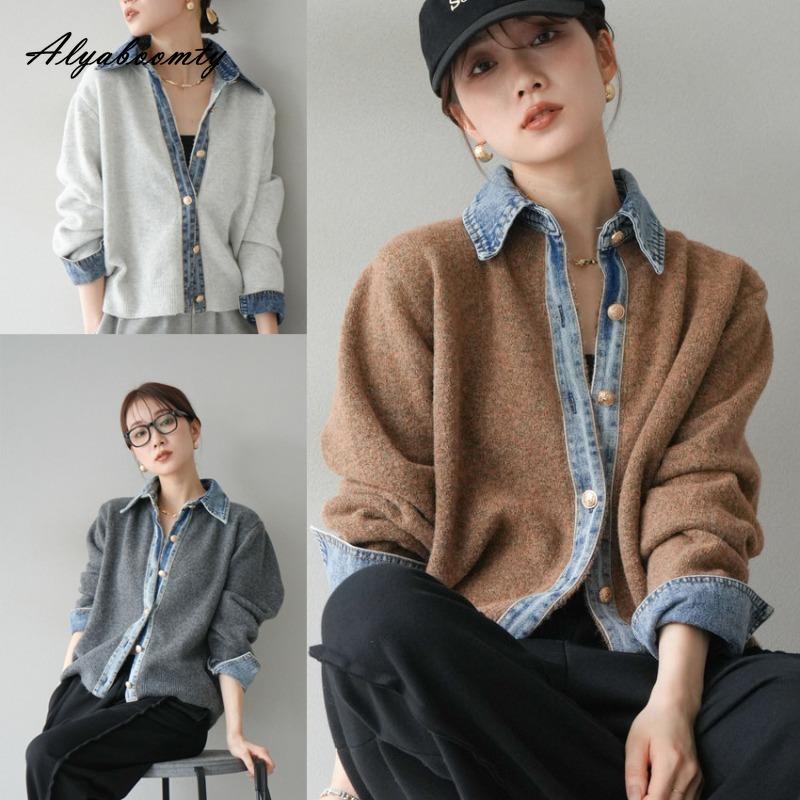 Korean Fashion Spring Autumn Women Jacket Turn-Down Collar Contrast Color Denim Knitting Patchwork Coat Office Lady Casual Loose Stylish Jacket