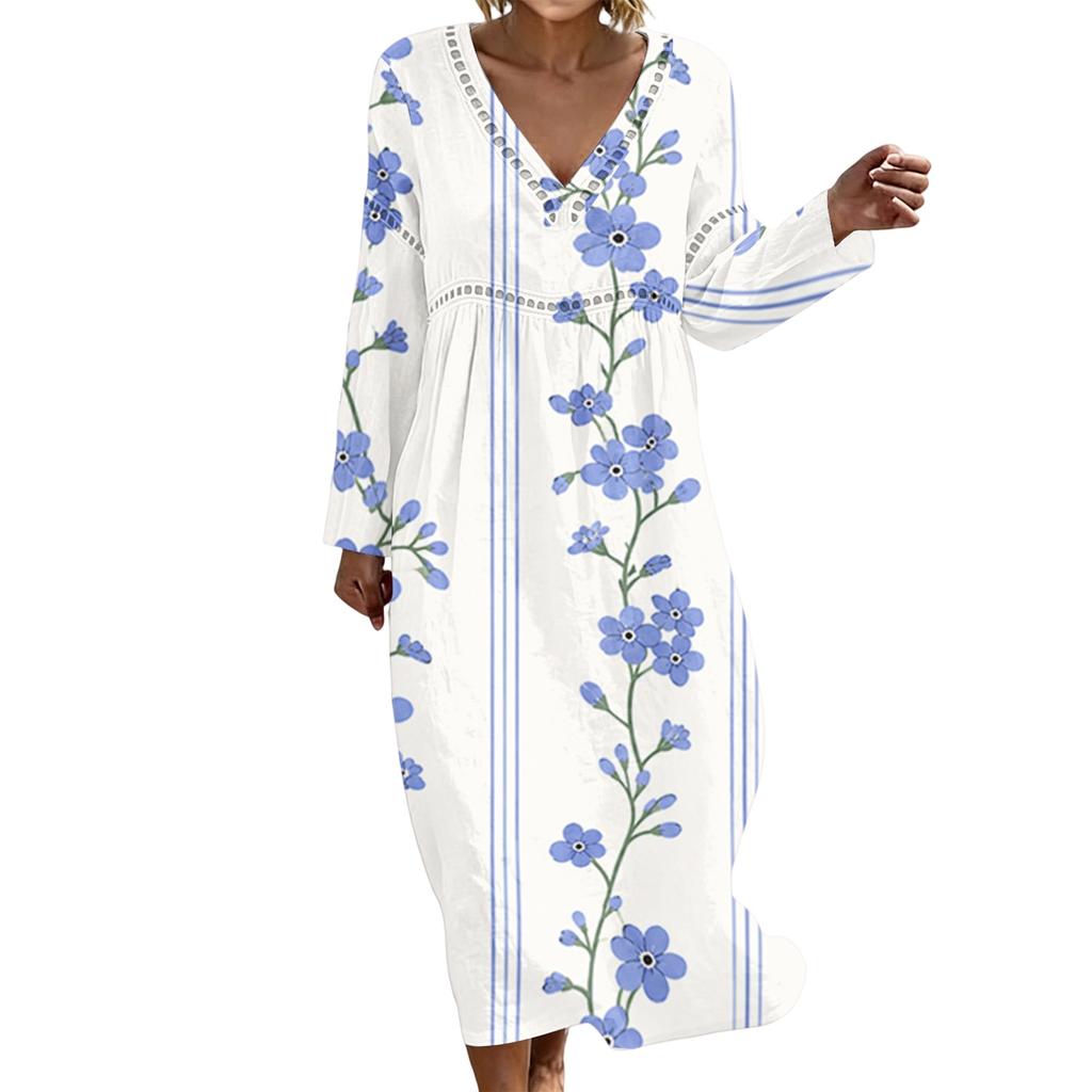 Fashionable Lady's V-neck Mid-length Casual Long-sleeved Dress