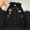 Unisex Hooded Zip-Up Sweatshirt With Cross Flock Embroidery Oversized Warm Fleece Lined Pullover Winter Casual Wear