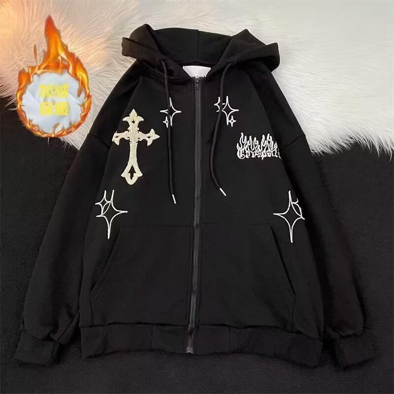 Unisex Hooded Zip-Up Sweatshirt With Cross Flock Embroidery Oversized Warm Fleece Lined Pullover Winter Casual Wear