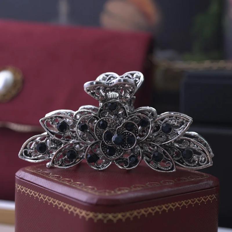 New European Style Stacked Flower Large-size Hair Clip Alloy Grip Clip Retro Diamond Hair Accessories