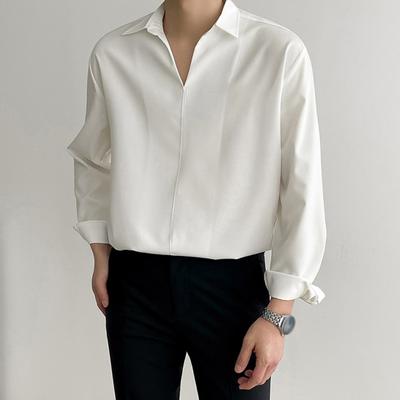 Men Spring Autumn Shirt V Neck Lapel Formal Office Shirt Silky Loose Straight Pullover Top Business Dating Party Shirt
