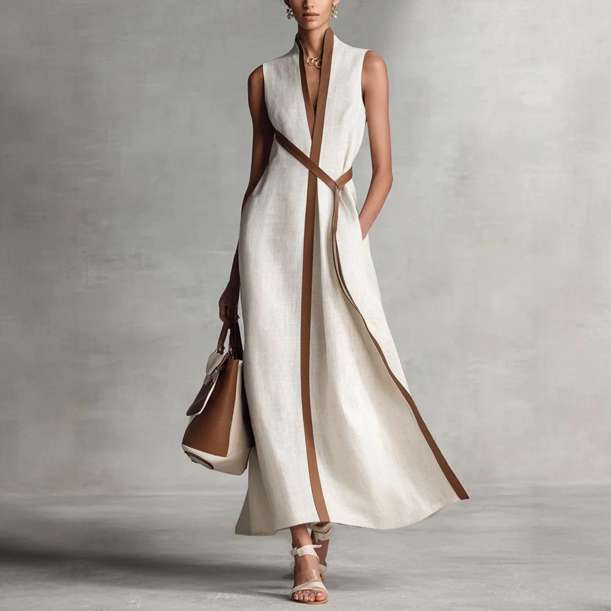 Women s Stand Collar Sleeveless Maxi Dress Color Block Linen Blend Casual Dress With Waist Belt S белый