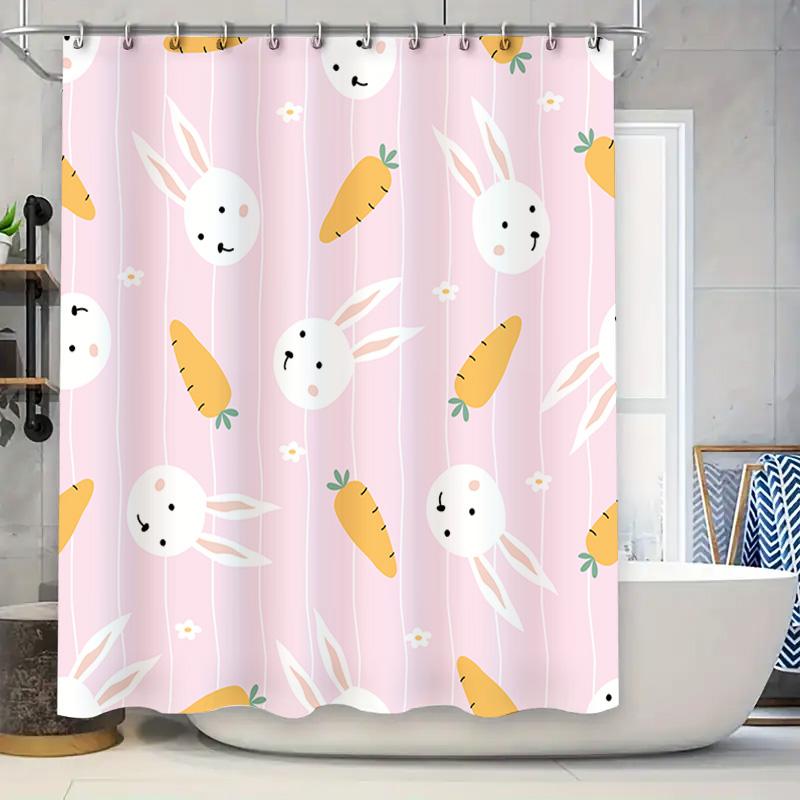 

Adorable Bunny Carrot Bathroom Shower Curtain Pink Floral Kids Bath Decor Wall Hanging Waterproof Printed Fabric Home Decoration W60H190(CM)-1 Pcs