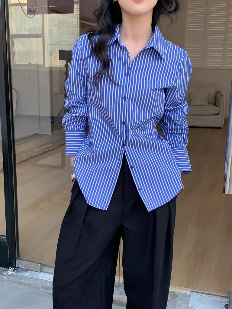 Women's Blue Striped Long Sleeve Waist-Cinching Layering Shirt - 2026 Spring Collection