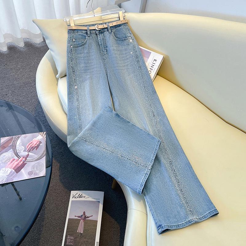 

Exquisite 2026 Rhinestone Wide-Leg Jeans for Women - Bow Knot Embellished Slimming Tall Fit 30 светло-синий