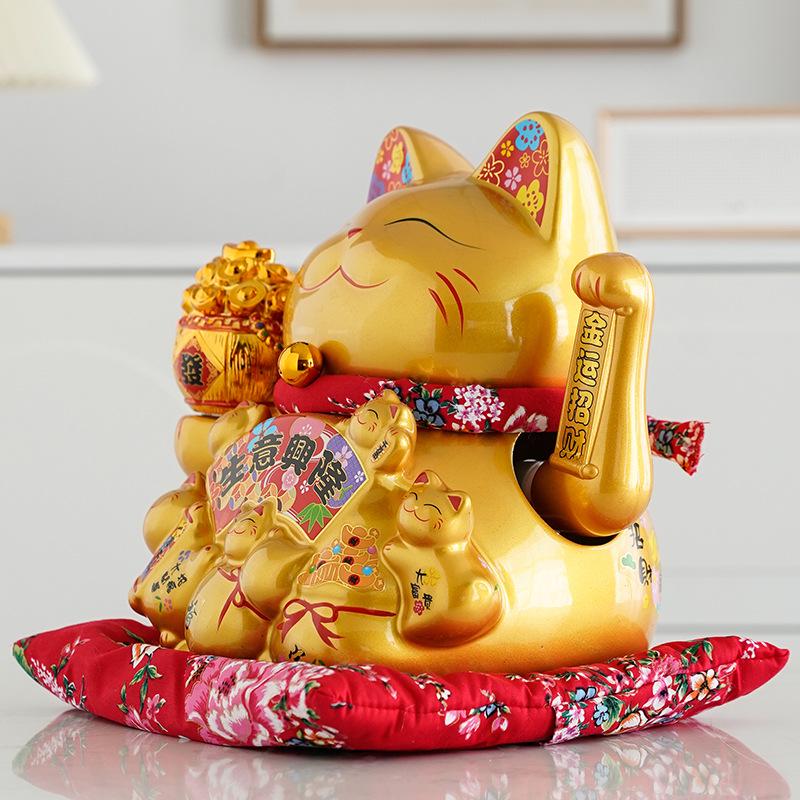 Ceramic Waving Fortune Cat Figurine for Home and Shop Decor