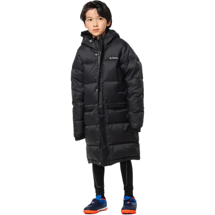 DECATHLON Down Jacket 500 Solid Colour Hooded Long Black Children's Model