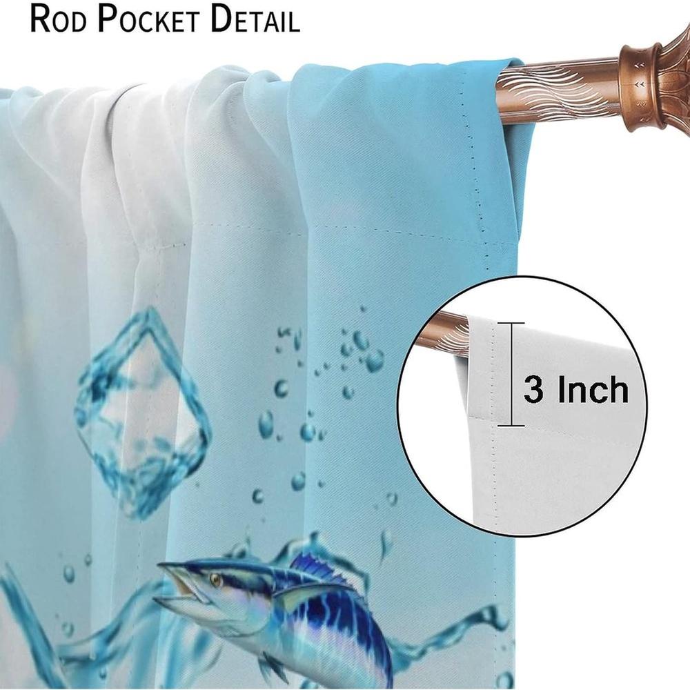 2 Panels Summer Beach Sea Turtle Blackout Thermal Insulated Room Darkening Curtains - Turquoise Blue Ocean Fish & Starfish Desig