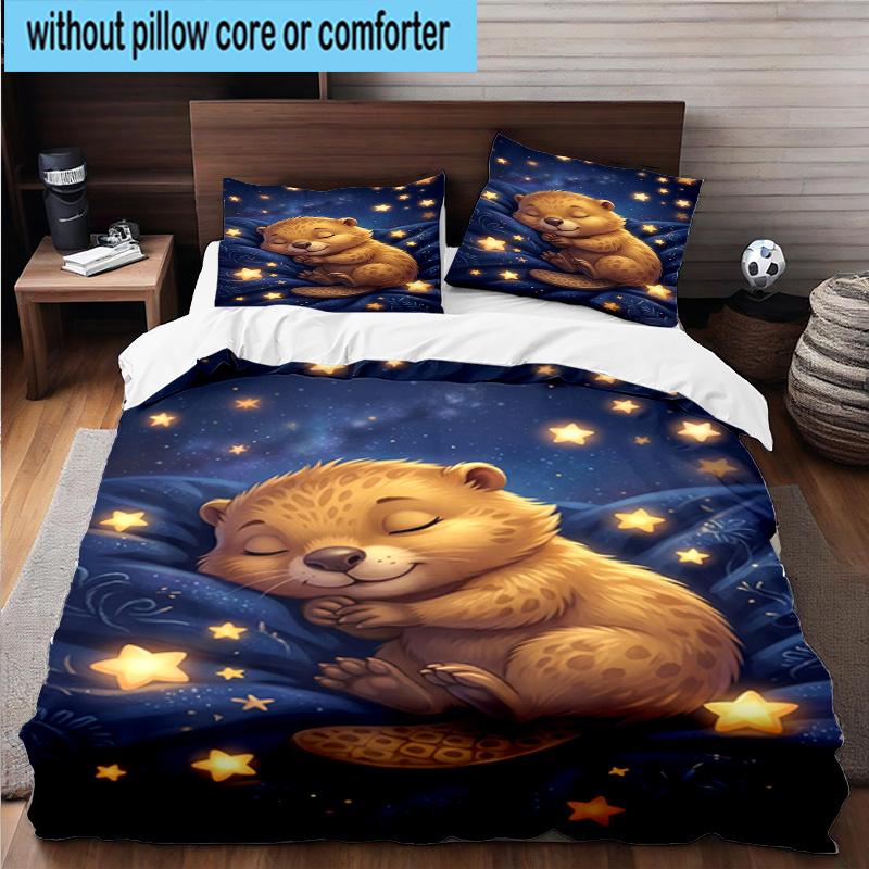 Starry Groundhog Illustration 3pcs Bedding,Including 1pc Duvet Cover And 2pcs Pillowcases Perfect for Christmas,Ideal for Bedroom, Dormitory